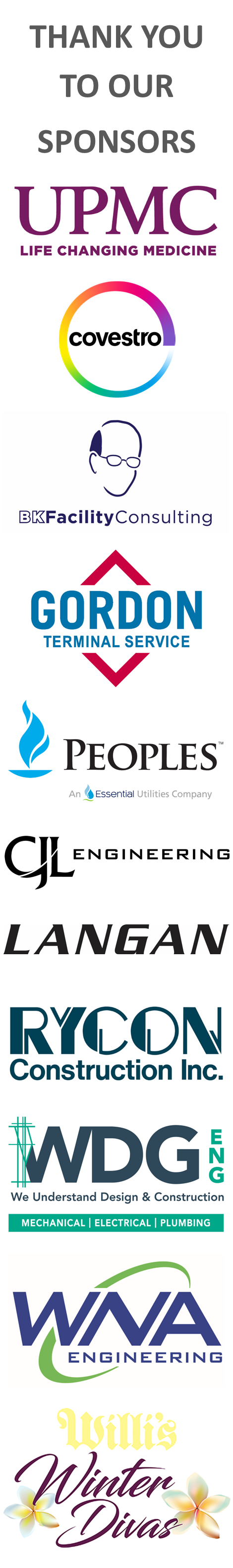 Thank you to our sponsors with logos for UPMC, Covestro, BK Facilities, Gordon Terminal Service, Peoples, CJL Engineering, Langan, WNA Engineering, WDG Engineering, Rycon Construction, and Willis Winter Divas