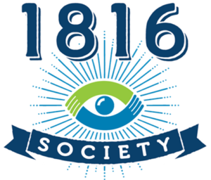 Logo 1816 Society in dark blue with a light green and blue eye ball in the middle and blue starburst lines radiating out from the center