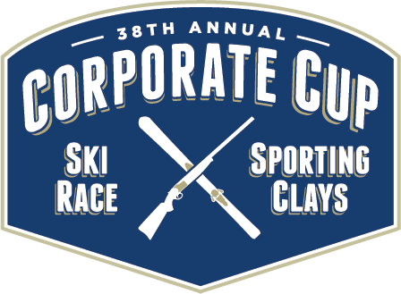 Blue and White logo with text "38th Annual Corporate Cup Ski Race and Sporting Clays" with a shotgun and a ski crossed in the center